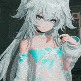 a girl with white hair and blue eyes stands in front of a sign that says 00