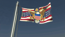an american flag with a coat of arms on top