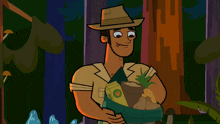 a cartoon of a man holding a fruit and a box of kiwi