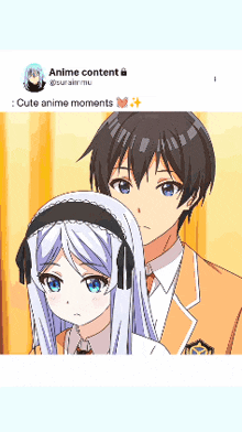 a boy and a girl are standing next to each other and the caption says " cute anime moments "