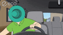 a cartoon of a man driving a car with a green hat on his head