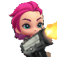 a cartoon character with pink hair is holding a gun and shooting it .
