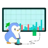 a cartoon penguin pumping up a computer monitor with a graph on it