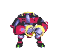 a pixel art of a robot with a yellow head and red body
