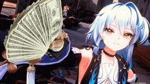 a blue haired anime girl is holding a fan of money