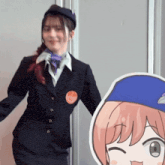 a woman in a suit stands next to a cardboard cutout of a girl with green eyes