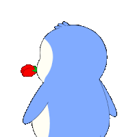 a blue penguin is holding a red rose in its mouth