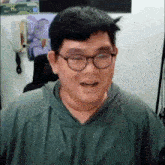 a man wearing glasses and a green shirt is making a funny face