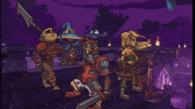 a group of cartoon characters standing next to each other with purple backgrounds
