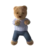 a teddy bear is wearing a blue and white striped shirt and blue jeans