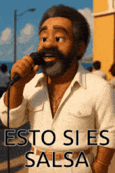 a cartoon man singing into a microphone with the words esto si es salsa on the bottom
