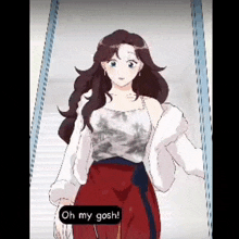 a woman in a white jacket and red skirt is standing in front of a window and says oh my gosh .