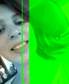 a pixelated image of a woman 's face with a green border