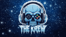 a skull with headphones and a video game controller with the words the krew written below it