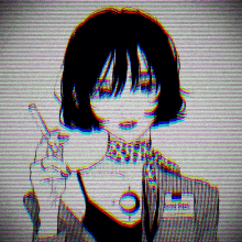 a glitch effect of a girl with a name tag that says love