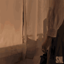 a person is standing in front of a window with a snl logo on the bottom right