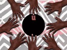 a group of hands reaching out towards a circle with the letter u on it