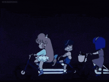 three cartoon characters are riding bicycles in the dark and the word hissanime is on the bottom left