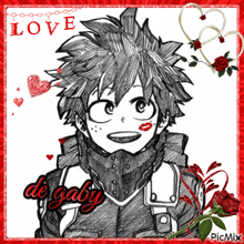 a black and white drawing of a boy with the word love above