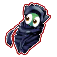a cartoon character with big eyes is wrapped in a blue cloth