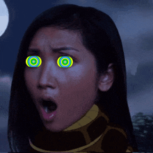a woman with a snake around her neck and hypnotic eyes