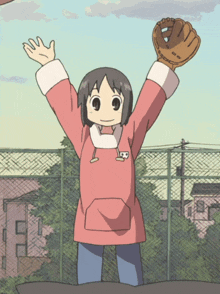 a cartoon of a girl holding up a baseball glove