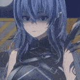 a close up of a girl with blue hair and black clothes