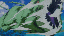 a painting of a plant with a blue sky and clouds in the background