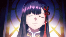 a girl with purple hair and a red bow on her head