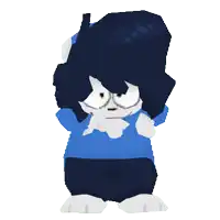 a cartoon character in a blue sweater and black hat