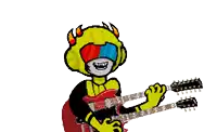 a pixel art of a monster playing a double neck guitar