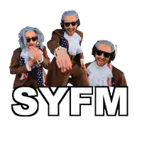 syfm is written on a white background with a picture of three men