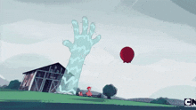 a cartoon of a hand holding a red balloon with the cn logo in the corner
