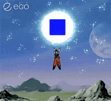 a cartoon of a man flying through the air with a blue square in the middle
