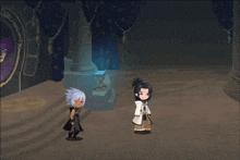 a couple of anime characters standing next to each other in a dark room