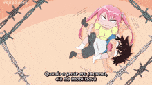 a cartoon with barbed wire and the words quando a gente era pequeno on the bottom