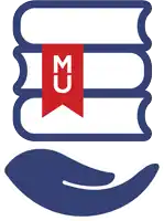 a hand is holding a stack of books with a red ribbon that says mc on it