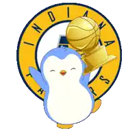 an indiana pacers logo with a penguin holding a trophy and a basketball