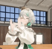 a cartoon character is dancing in front of a large window