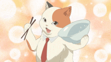 a cat is holding a bowl and chopsticks