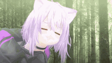 a girl with purple hair and cat ears is smiling in front of a forest