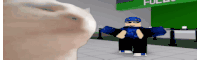 a white cat is looking at a roblox character wearing sunglasses and a blue hat .