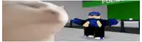 a white cat is looking at a roblox character wearing sunglasses and a blue hat .