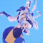 a cartoon character is flying through the air with a blue and yellow balloon