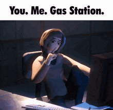 a cartoon of a woman sitting in front of a computer with the words " you me gas station " above her