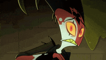 a close up of a cartoon character 's face with yellow eyes