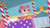 a doll with purple hair is sitting on a bed with polka dots