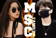a woman wearing sunglasses and a man wearing a mask are standing next to each other on a poster that says msc