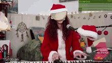 a woman in a santa suit is playing a piano