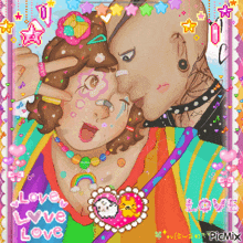 a pixel art drawing of a man kissing a woman with the words love love love written on the bottom